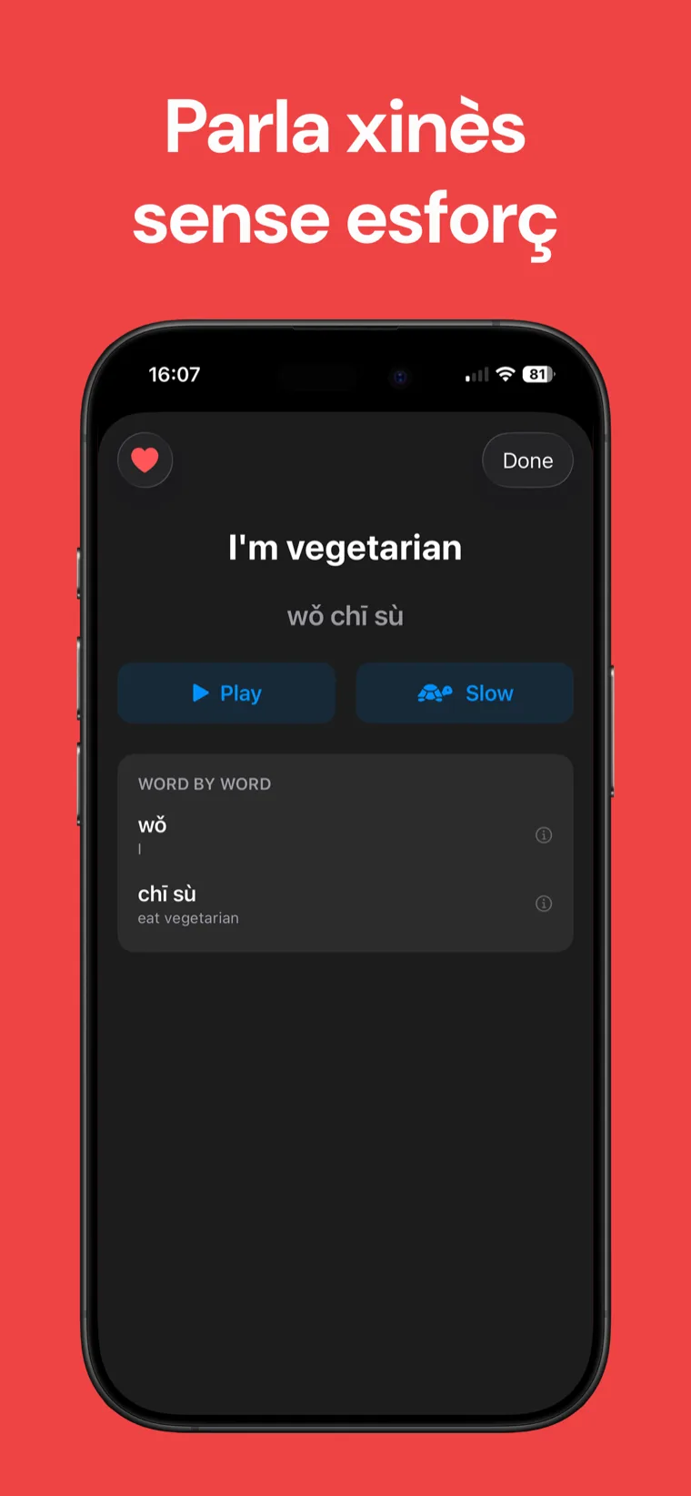 Parla xinès sense esforç — Frases Xinès a l'iPhone mostrant categories de frases reals i una llista de frases
