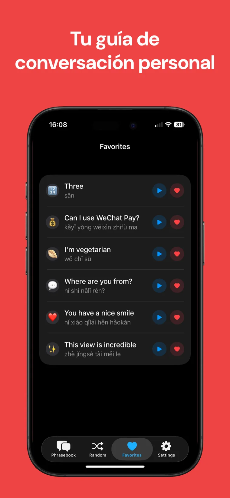 Tu guía de conversación personal — Frases Chino en iPhone mostrando frases favoritas guardadas como hoja de referencia rápida