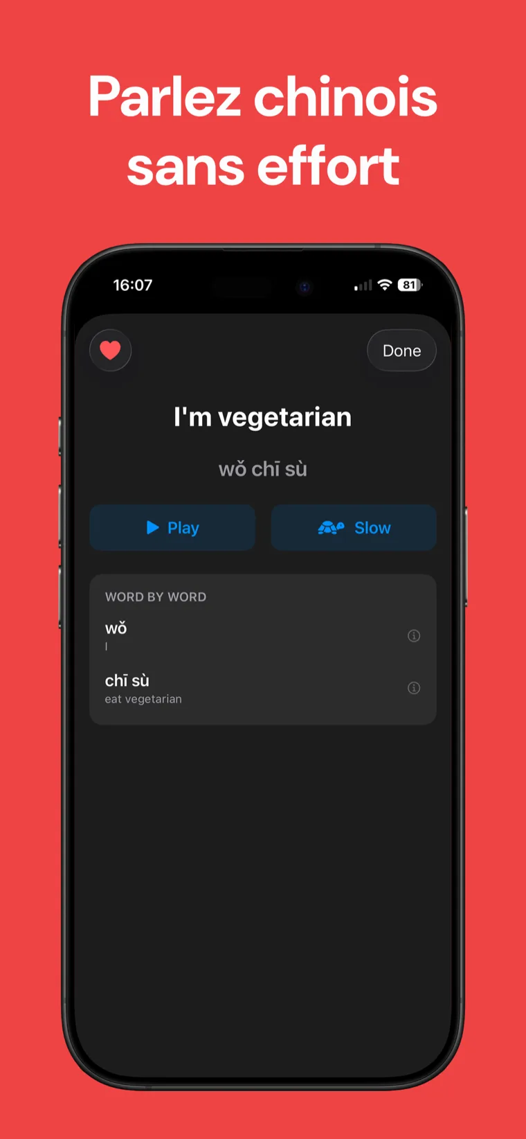Parlez chinois sans effort — Guide Chinois sur iPhone affichant des catégories de phrases pratiques et une liste de phrases.