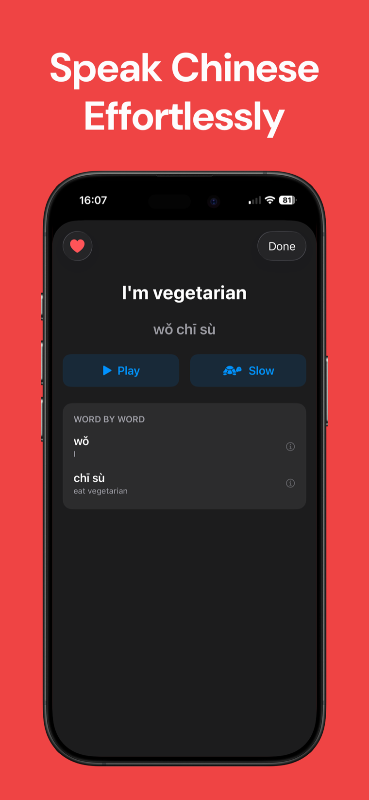 Speak Chinese Effortlessly — Chinese Phrasebook on iPhone showing real-world phrase categories and a phrase list