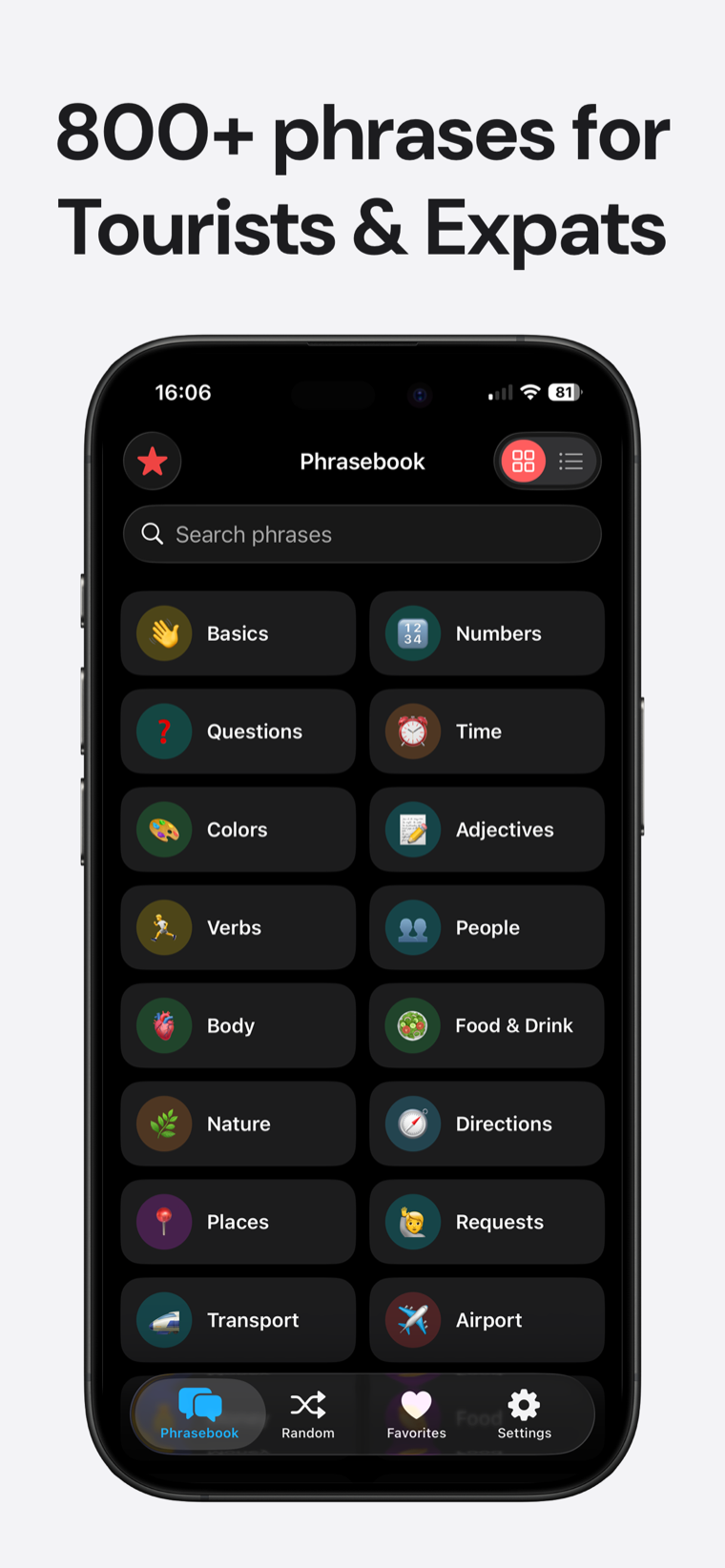 800+ phrases for tourists and expats — Chinese Phrasebook phrase detail with Pinyin tone marks, native audio and a word-by-word breakdown