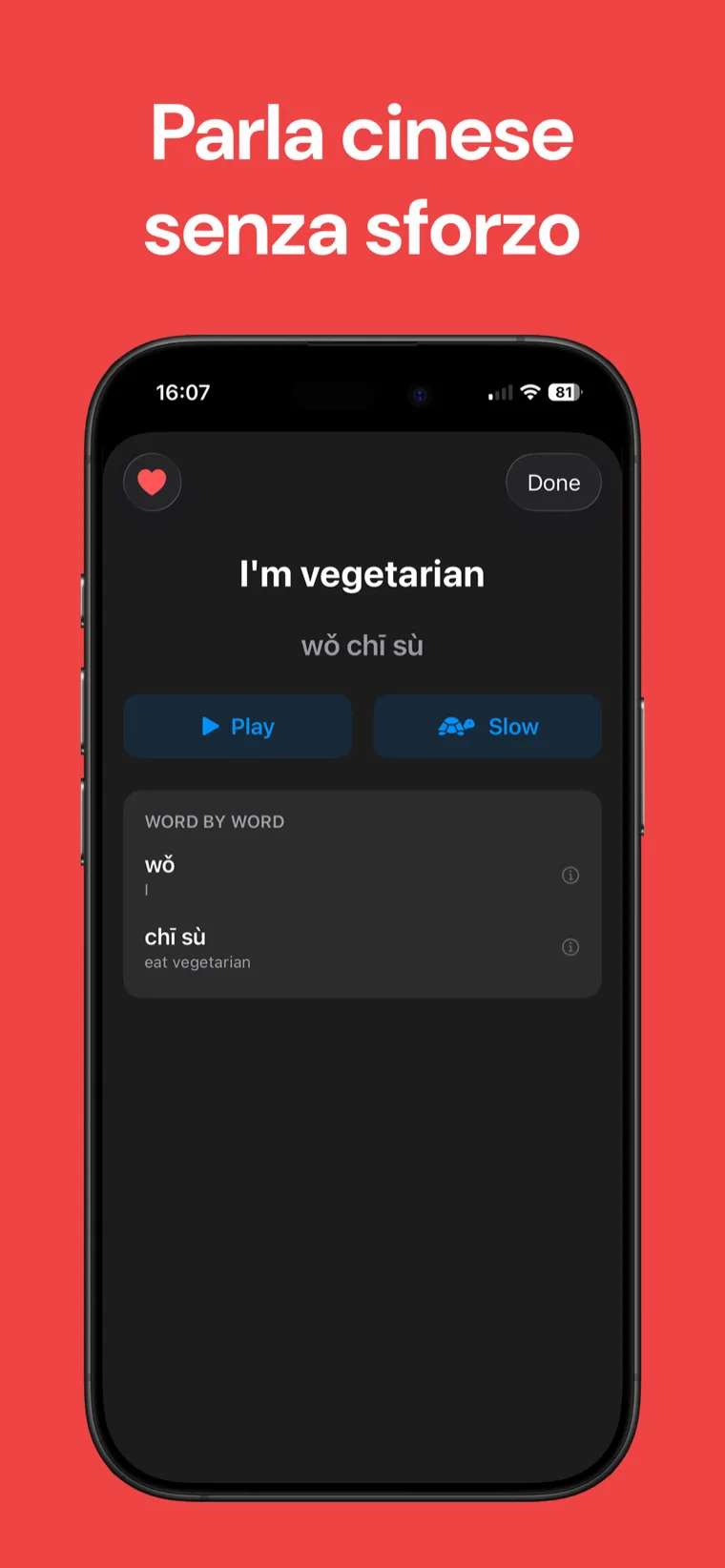 Parla cinese senza sforzo — Frasario Cinese su iPhone che mostra categorie di frasi reali e un elenco di frasi