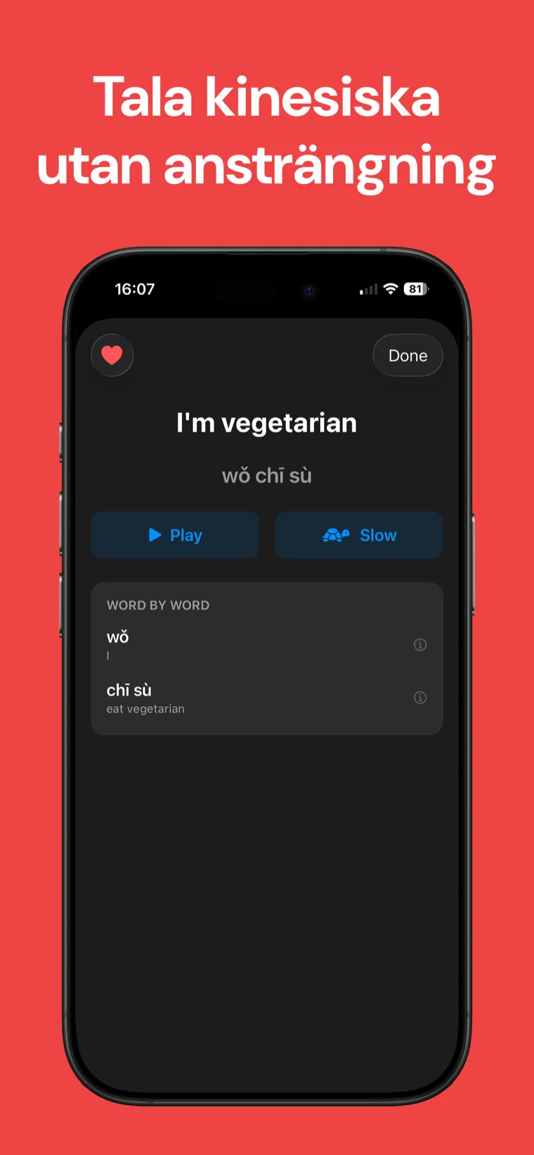 Tala kinesiska utan ansträngning — Kinesisk Parlör på iPhone som visar verkliga kategorier och en fraslista